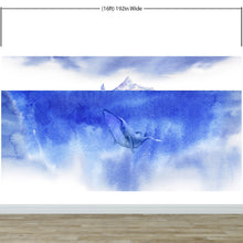 Cargar imagen en el visor de la galería, Whale in Ocean Wall Mural. Watercolor artwork of whale, island and sailboat. Peel and Stick Wallpaper. #6197
