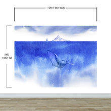 Cargar imagen en el visor de la galería, Whale in Ocean Wall Mural. Watercolor artwork of whale, island and sailboat. Peel and Stick Wallpaper. #6197
