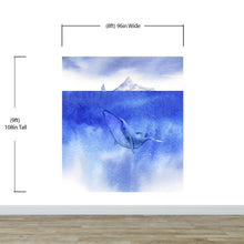 Cargar imagen en el visor de la galería, Whale in Ocean Wall Mural. Watercolor artwork of whale, island and sailboat. Peel and Stick Wallpaper. #6197
