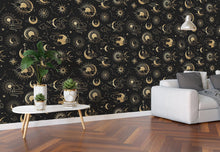 Carregar imagem no visualizador da galeria, Astronomy Pattern Peel and Stick Wallpaper. Stars, Sun, Moon and Cloud. Removable Wall Mural #6208
