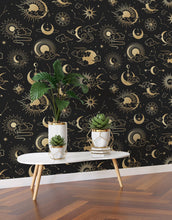 Cargar imagen en el visor de la galería, Astronomy Pattern Peel and Stick Wallpaper. Stars, Sun, Moon and Cloud. Removable Wall Mural #6208
