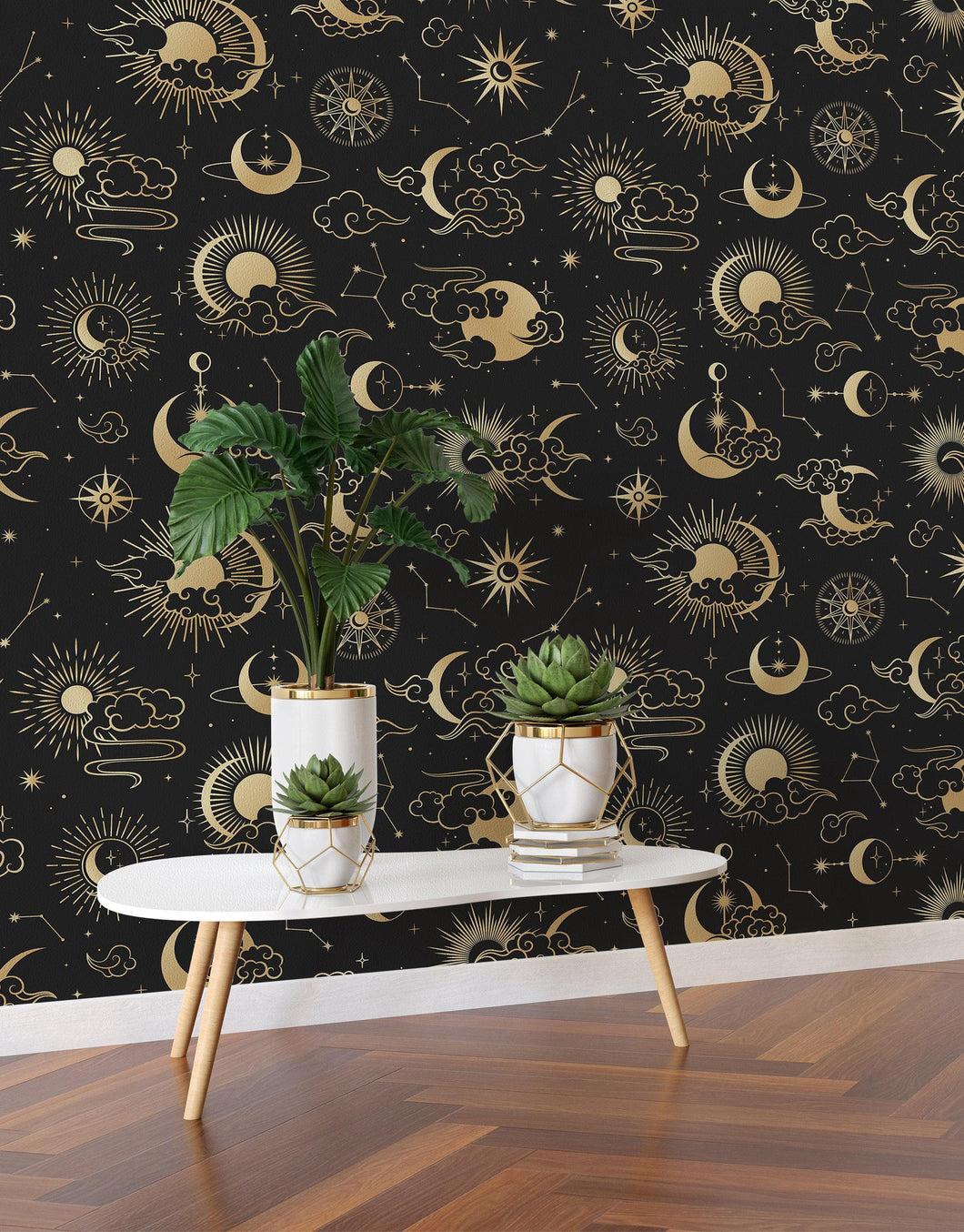 Astronomy Pattern Peel and Stick Wallpaper. Stars, Sun, Moon and Cloud. Removable Wall Mural #6208