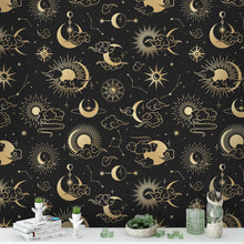 Cargar imagen en el visor de la galería, Astronomy Pattern Peel and Stick Wallpaper. Stars, Sun, Moon and Cloud. Removable Wall Mural #6208
