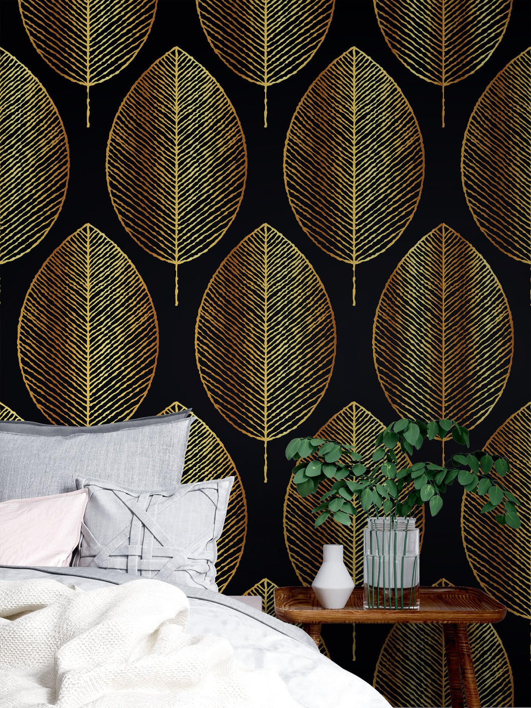 Gold Leave Autumn Pattern Peel and Stick Wallpaper | Removable Wall Mural #6217