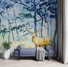 Cargar imagen en el visor de la galería, Deer Family in Snow Forest Peel and Stick Wallpaper | Removable Wall Mural. #6218
