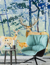 Cargar imagen en el visor de la galería, Deer Family in Snow Forest Peel and Stick Wallpaper | Removable Wall Mural. #6218
