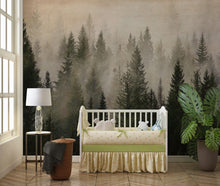 Cargar imagen en el visor de la galería, Misty Pine Tree Forest Landscape Wallpaper. Peel and Stick Wall Mural. Self Adhesive Nursery Wall Decor. #6237
