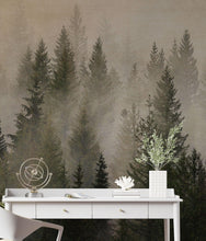 Load image into Gallery viewer, Misty Pine Tree Forest Landscape Wallpaper. Peel and Stick Wall Mural. Self Adhesive Nursery Wall Decor. #6237
