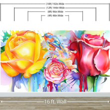 Carregar imagem no visualizador da galeria, Colorful Bird and Roses Flower Watercolor Artwork Wall Mural. Removable Peel and Stick Wall Mural. #6275
