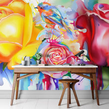Carregar imagem no visualizador da galeria, Colorful Bird and Roses Flower Watercolor Artwork Wall Mural. Removable Peel and Stick Wall Mural. #6275
