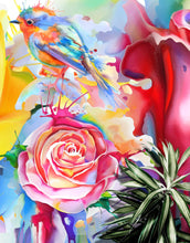 Cargar imagen en el visor de la galería, Colorful Bird and Roses Flower Watercolor Artwork Wall Mural. Removable Peel and Stick Wall Mural. #6275
