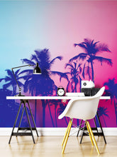 Load image into Gallery viewer, Miami Tropical Palm Tree Vice Color Wall Mural. Bright Miami Vice Blue and Fuchsia Colors. #6281
