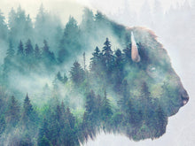 Cargar imagen en el visor de la galería, Foggy Mountain Forest View with Bison Buffalo Overlay Natural Scenery Wall Mural #6282.
