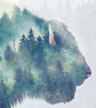 Load image into Gallery viewer, Foggy Mountain Forest View with Bison Buffalo Overlay Natural Scenery Wall Mural #6282.
