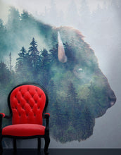 Load image into Gallery viewer, Foggy Mountain Forest View with Bison Buffalo Overlay Natural Scenery Wall Mural #6282.
