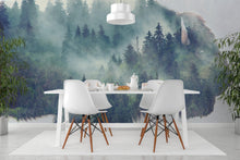 Load image into Gallery viewer, Foggy Mountain Forest View with Bison Buffalo Overlay Natural Scenery Wall Mural #6282.
