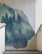 Load image into Gallery viewer, Foggy Mountain Forest View with Bison Buffalo Overlay Natural Scenery Wall Mural #6282.
