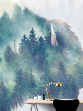 Load image into Gallery viewer, Foggy Mountain Forest View with Bison Buffalo Overlay Natural Scenery Wall Mural #6282.
