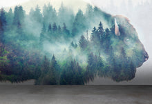 Load image into Gallery viewer, Foggy Mountain Forest View with Bison Buffalo Overlay Natural Scenery Wall Mural #6282.
