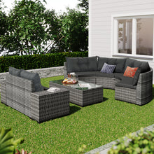 Carregar imagem no visualizador da galeria, 8-pieces Outdoor Wicker Round Sofa Set, Half-Moon Sectional Sets All Weather, Curved Sofa Set With Rectangular Coffee Table, PE Rattan Water-resistant and UV Protected, Movable Cushion, Gray
