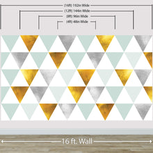 Cargar imagen en el visor de la galería, Triangle Geometric Abstract Pattern Wall Mural. Gold, Silver, Teal, Turquoise and White Color Pattern. #6306
