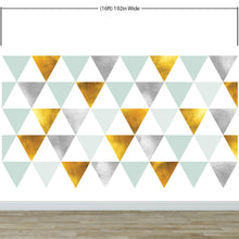 Load image into Gallery viewer, Triangle Geometric Abstract Pattern Wall Mural. Gold, Silver, Teal, Turquoise and White Color Pattern. #6306
