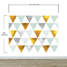 Cargar imagen en el visor de la galería, Triangle Geometric Abstract Pattern Wall Mural. Gold, Silver, Teal, Turquoise and White Color Pattern. #6306
