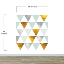 Load image into Gallery viewer, Triangle Geometric Abstract Pattern Wall Mural. Gold, Silver, Teal, Turquoise and White Color Pattern. #6306
