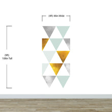 Load image into Gallery viewer, Triangle Geometric Abstract Pattern Wall Mural. Gold, Silver, Teal, Turquoise and White Color Pattern. #6306
