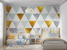 Cargar imagen en el visor de la galería, Triangle Geometric Abstract Pattern Wall Mural. Gold, Silver, Teal, Turquoise and White Color Pattern. #6306
