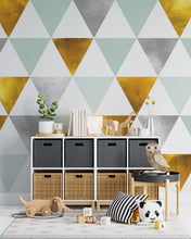 Load image into Gallery viewer, Triangle Geometric Abstract Pattern Wall Mural. Gold, Silver, Teal, Turquoise and White Color Pattern. #6306
