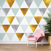 Cargar imagen en el visor de la galería, Triangle Geometric Abstract Pattern Wall Mural. Gold, Silver, Teal, Turquoise and White Color Pattern. #6306
