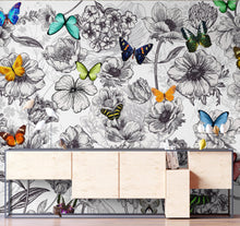 Cargar imagen en el visor de la galería, Butterflies in Flower Garden Wall Mural. Retro Black and White Illustration Floral Design. #6320
