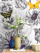 Load image into Gallery viewer, Butterflies in Flower Garden Wall Mural. Retro Black and White Illustration Floral Design. #6320
