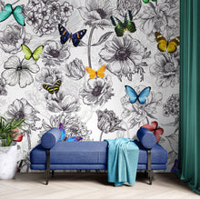 Cargar imagen en el visor de la galería, Butterflies in Flower Garden Wall Mural. Retro Black and White Illustration Floral Design. #6320
