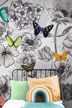 Load image into Gallery viewer, Butterflies in Flower Garden Wall Mural. Retro Black and White Illustration Floral Design. #6320
