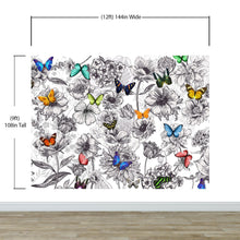 Load image into Gallery viewer, Butterflies in Flower Garden Wall Mural. Retro Black and White Illustration Floral Design. #6320
