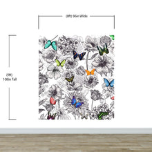 Load image into Gallery viewer, Butterflies in Flower Garden Wall Mural. Retro Black and White Illustration Floral Design. #6320
