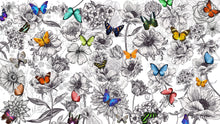 Load image into Gallery viewer, Butterflies in Flower Garden Wall Mural. Retro Black and White Illustration Floral Design. #6320
