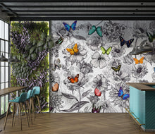 Cargar imagen en el visor de la galería, Butterflies in Flower Garden Wall Mural. Retro Black and White Illustration Floral Design. #6320
