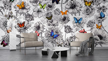 Load image into Gallery viewer, Butterflies in Flower Garden Wall Mural. Retro Black and White Illustration Floral Design. #6320
