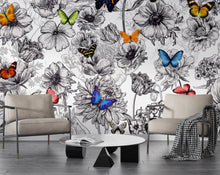 Load image into Gallery viewer, Butterflies in Flower Garden Wall Mural. Retro Black and White Illustration Floral Design. #6320
