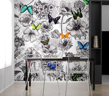 Load image into Gallery viewer, Butterflies in Flower Garden Wall Mural. Retro Black and White Illustration Floral Design. #6320
