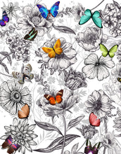 Load image into Gallery viewer, Butterflies in Flower Garden Wall Mural. Retro Black and White Illustration Floral Design. #6320
