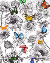 Load image into Gallery viewer, Butterflies in Flower Garden Wall Mural. Retro Black and White Illustration Floral Design. #6320
