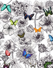 Carregar imagem no visualizador da galeria, Butterflies in Flower Garden Wall Mural. Retro Black and White Illustration Floral Design. #6320
