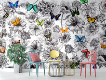 Load image into Gallery viewer, Butterflies in Flower Garden Wall Mural. Retro Black and White Illustration Floral Design. #6320
