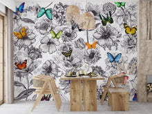 Cargar imagen en el visor de la galería, Butterflies in Flower Garden Wall Mural. Retro Black and White Illustration Floral Design. #6320
