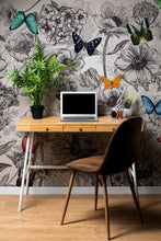 Load image into Gallery viewer, Butterflies in Flower Garden Wall Mural. Retro Black and White Illustration Floral Design. #6320
