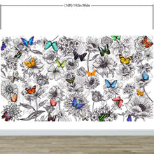 Load image into Gallery viewer, Butterflies in Flower Garden Wall Mural. Retro Black and White Illustration Floral Design. #6320
